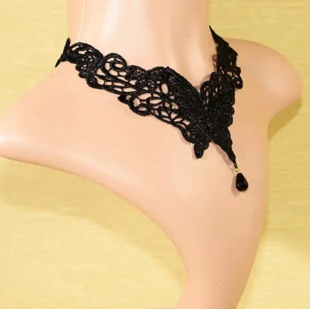 2016 Fashion Vintage Palace Gothic False Collar Black Beads Gem Butterfly Lace Necklace &amp Pendants Short Choker Necklaces Women |