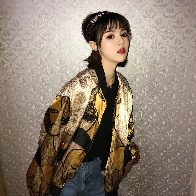 Чирарт Harajuku Золотая куртка с принтом атласная куртка свободные дизайнерские пальто блестящая тонкая бейсбольная куртка уличная осенняя