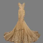 Женское вечернее платье-русалка, длинное золотистое платье с блестками, аппликацией и кристаллами на шнуровке сзади, элегантное платье для выпускного вечера, 2018