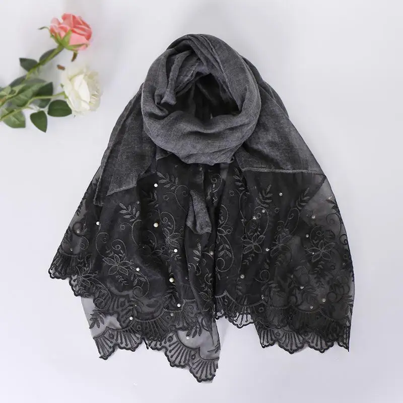 02 black Модный женский длинный шарф этническое кружевное Шаль Обертывание хлопок Бисероплетение красота пашминовый палантин цветок мусульманские хиджаб платок Новинка 180*90 см - Цвет: 02 black