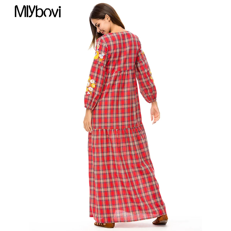 Женское красное Плед мусульманского платья 2018 Ретро Дубай Abaya мусульманские
