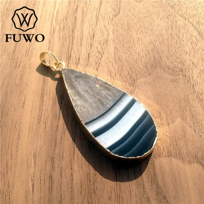 FUWO Natural Banded Agates Gem Stone Pendant 24K Electroplated High Quality Water Drop Shape Raw Crystal Jewelry Wholesale PD063 | Украшения
