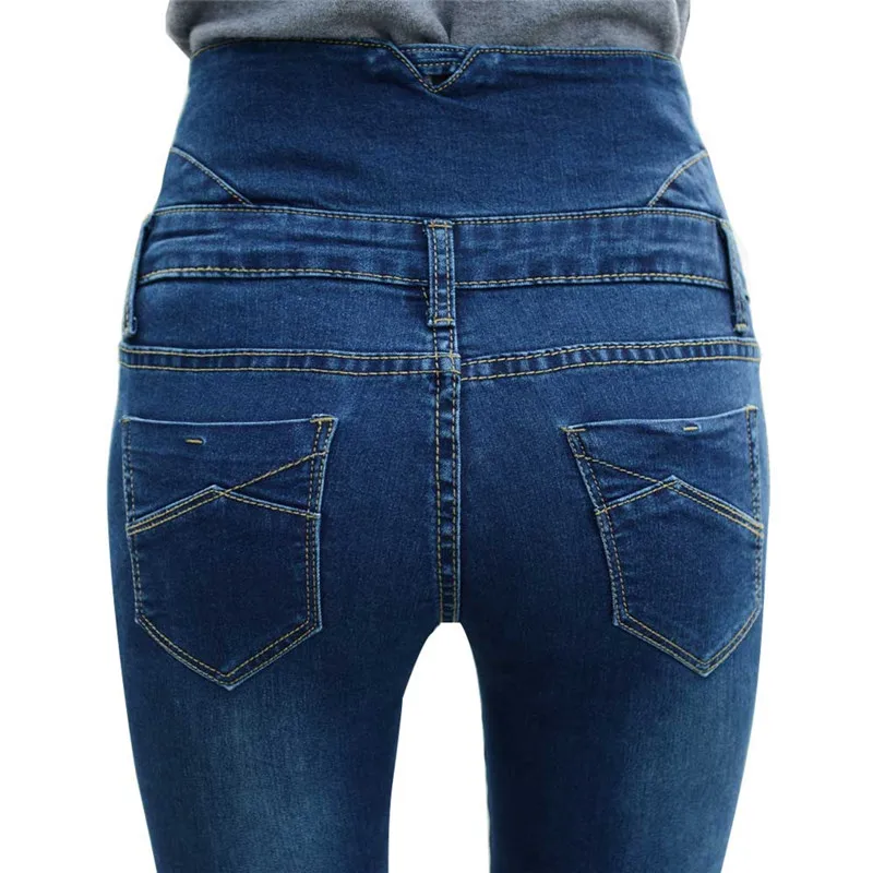 

New Women Blue Denim High Waist Elastic Skinny Jeans Slim Long Pencil Pants