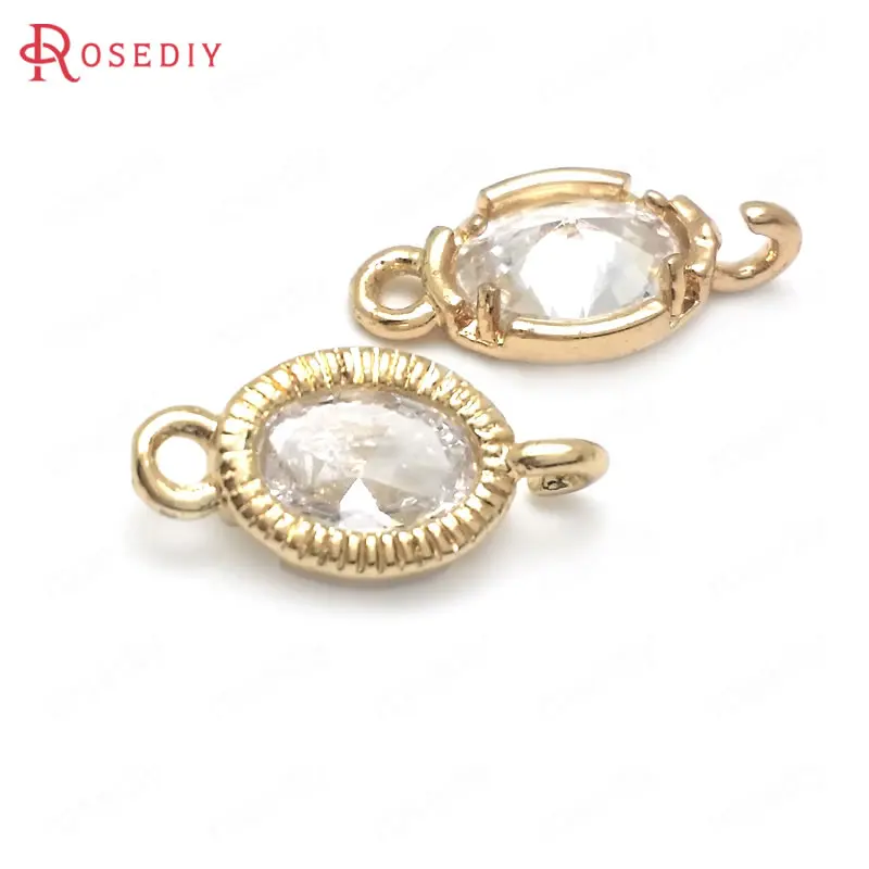 

(36452)10PCS 13x7MM 24K Champagne Gold Color with White Zircon Brass 2 Holes Oval Connect Charms Pendants High Quality Findings