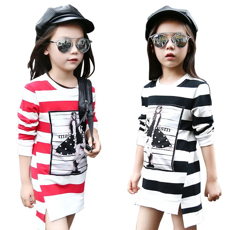 

Girls' Striped Dress Spring And Autumn New Children's Long-Sleeved Round Neck Skirt Korean Fashion Pattern Cotton Clothing Tide