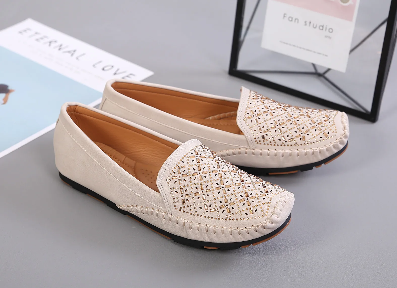Fletiter Flats shoes women String Bead Loafers Leather Ballerina ballet flat Round toe ladies Autumn fashion shoe Brand big size