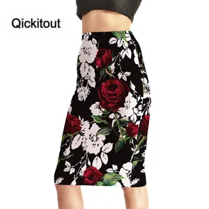 Юбки Женские Qickitout, черные, с принтом, с высокой талией, с красными и белыми розами, 2016