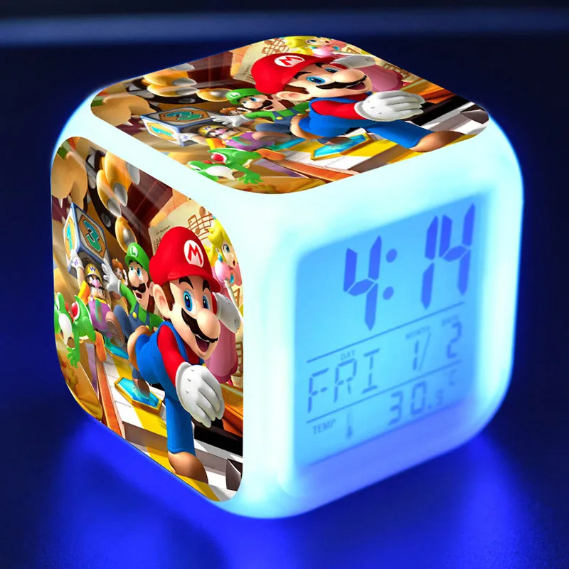 Аниме фигурки Super Mario Bros кукольные часы будильник светодиодный цветной светильник термометр Марио Йоши Фигурки игрушки для детей