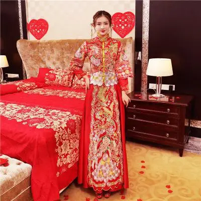 Женский красный Восточный феникс Qipao невесты свадебное платье китайский стиль вышивка Cheongsam тост костюм свадебный подарок - Цвет: Красный