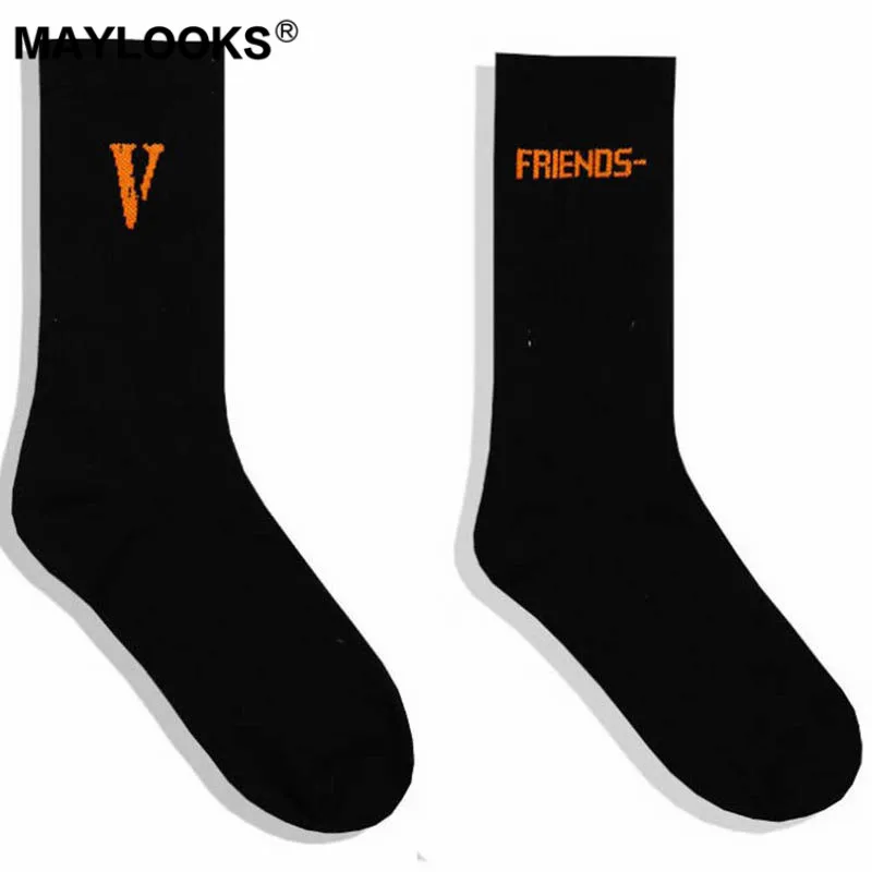 Maylooks Tide V word black orange high street hip hop tide FRIENDS letter tube socks W61