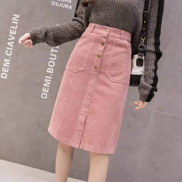 Элегантные вельветовые юбки женские миди с высокой талией и пуговицами большие