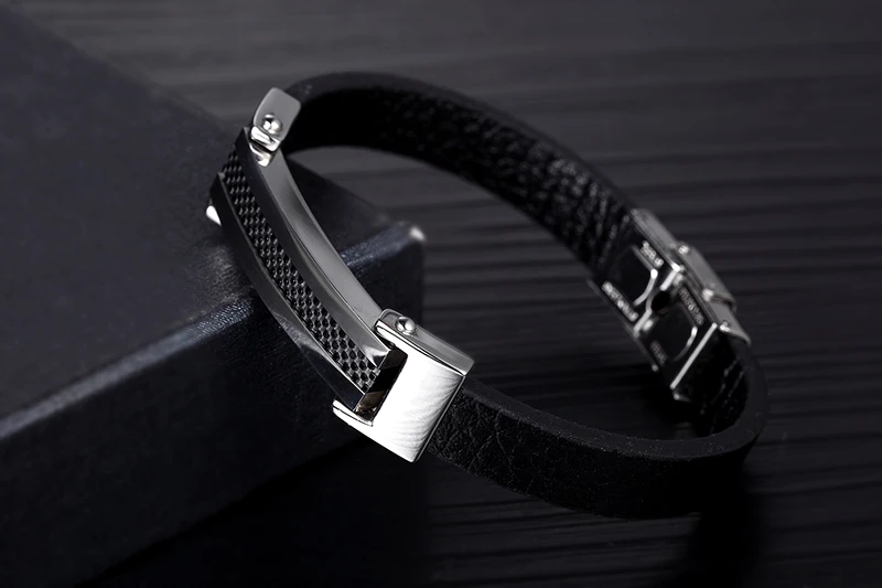 Fashion 2016 Charm Bracelet Men Punk Titanium Stainless Steel Black genuine Leather Bangle For Jewelry | Украшения и аксессуары