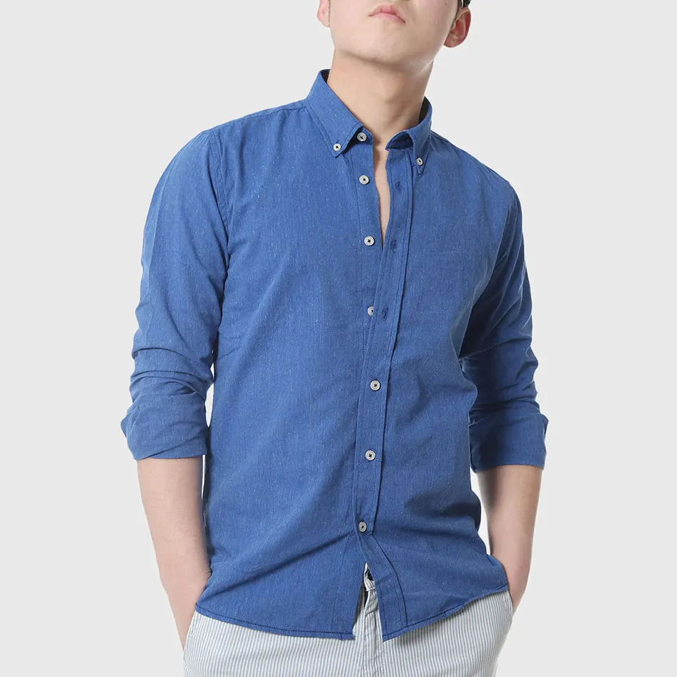 Мужская джинсовая рубашка с длинным рукавом зеленая Однотонная из хлопка и льна