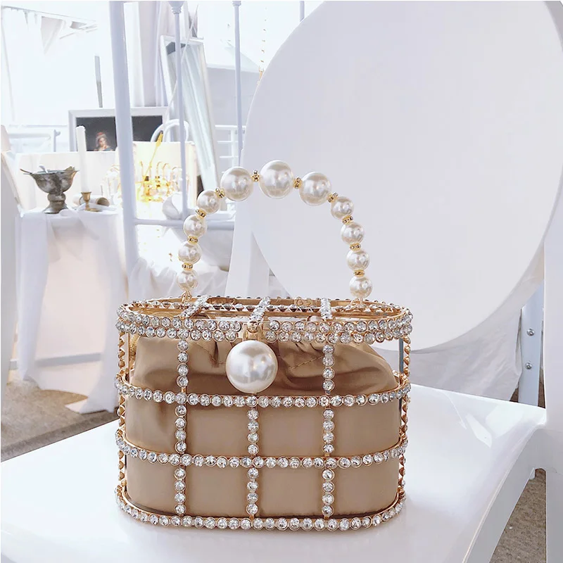 

Hot High Quality Openwork Basket Design Diamonds Pearls Women's Luxury Party Handbags Evening Bag Fashion Totes Bag Pouch Bosla