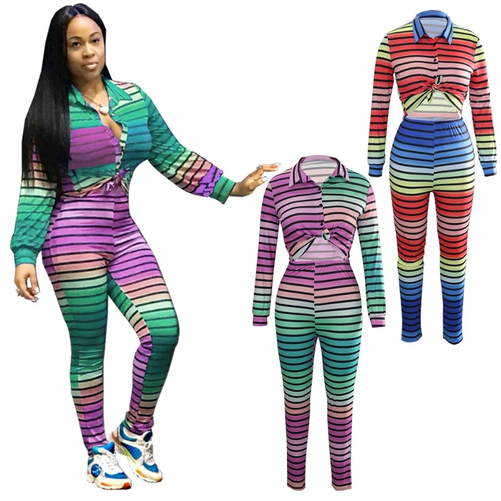 Комплект из 2 частей Для женщин Полосатый спортивный костюм с длинным рукавом