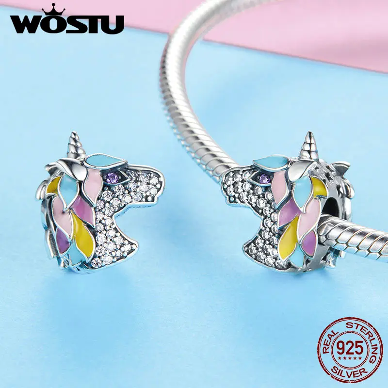 WOSTU горячая Распродажа 925 пробы Серебряный ослепительный Единорог бисер Подходит браслет с шармом модное ювелирное изделие подарок CTC040