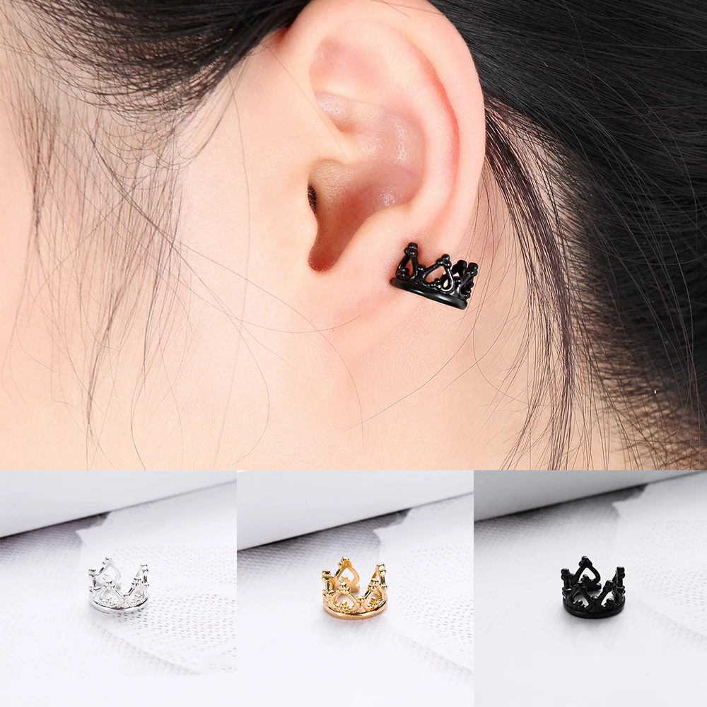 1pair Punk Rock Crystal Crown U-shaped Ear Earrings Fashion Women Clip Cuff Wrap No Piercing-Clip On