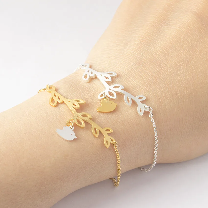 

V Attract 10 pcs Fashion Leaf Branch And Bird Bracelet For Women Stainless Steel Pulseras Bohemia Style Jewelry Hand Chain