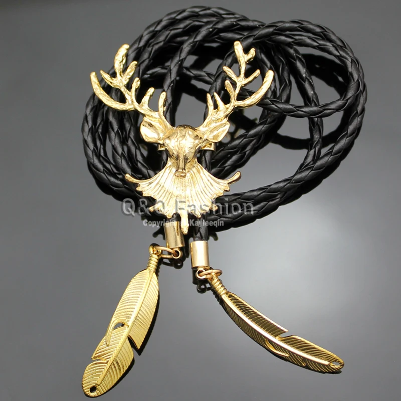 

Western Cowboy Deer Head Horn Antler Stag Feather Rodeo Leather Bolo Tie Jewelry New Men Necklace Fashion Accessories Gift