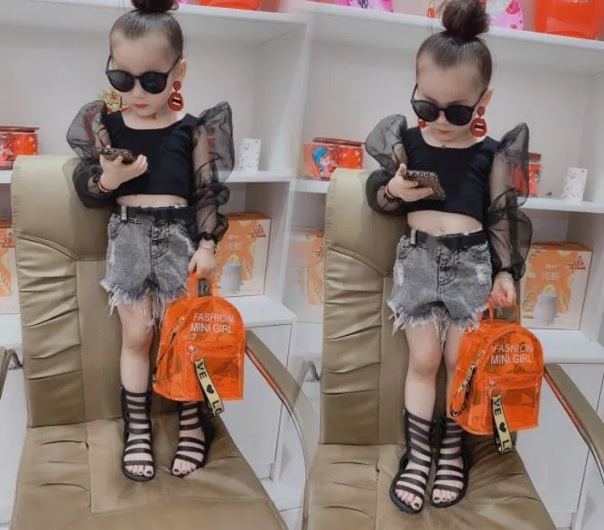 black tops Летняя Новинка; модные короткие футболки в стиле пэчворк с пышными рукавами; топы для маленьких девочек; детская футболка принцессы; детская одежда; w771 - Цвет: black tops