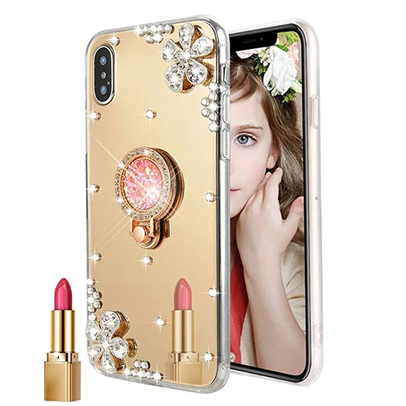 3D зеркальные чехлы для телефонов чехол iphone X XR XS Max блестящее кольцо со стразами