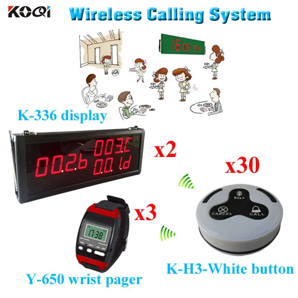 

wireless electronic number system For Restaurant with CE certification 2 led display + 3 wrist watch + 30 call button