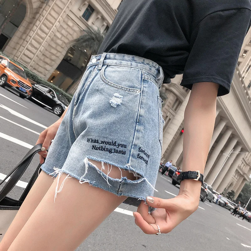 Xisteps High Waist Loose Hot Short Jeans For Women Light Blue Ripped Holes Slim Denim Shorts Student Summer Shorts 2019 Casual