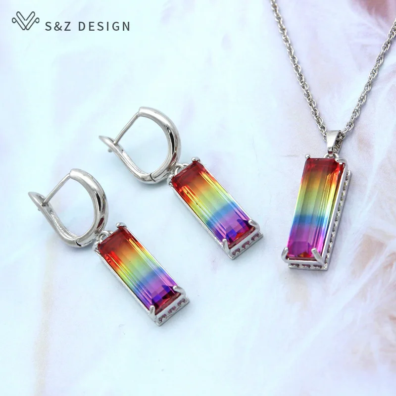 Серьги подвески S & Z из белого золота с квадратными разноцветными кристаллами и