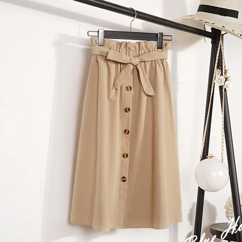 khaki DANJEANER женские юбки лето осень миди до колена корейская элегантная юбка на пуговицах с высокой талией женские плиссированные школьные юбки - Цвет: khaki