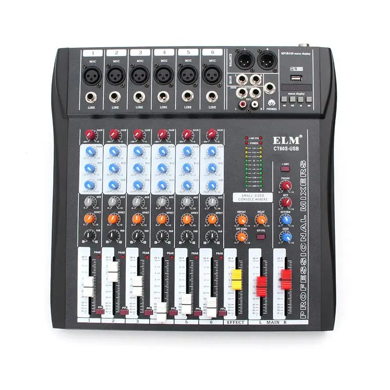ELM Профессиональный 6 канала караоке аудио DJ микшер контроллер смешивания усилитель консоли с USB 48V микрофон Phantom Мощность