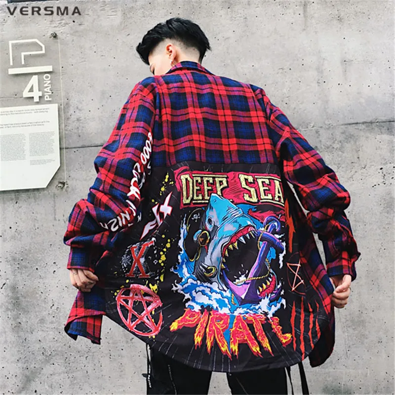 VERSMA High Street хип хоп граффити печатных Лоскутная рубашка в клетку для мужчин японский Harajuku BF винтажные клетчатые рубашки дропшиппинг