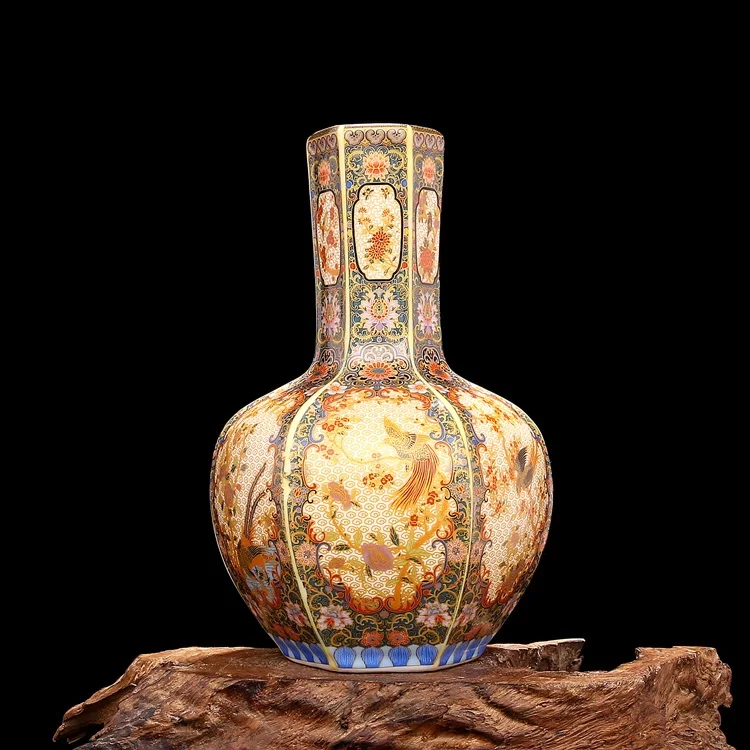 Античная керамическая ваза Qing Yong Zheng эмалированная шестиугольная для цветов