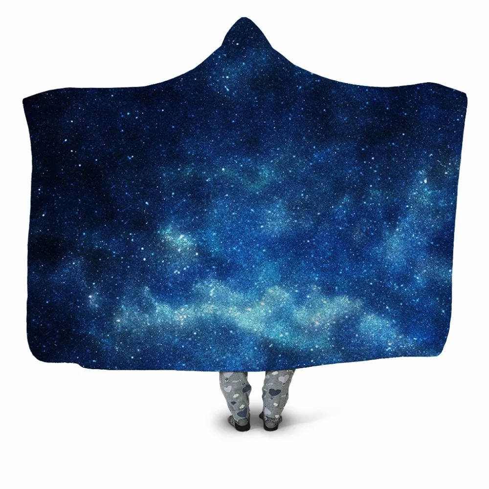 

Blue Galaxy 3D Printed Plush Hooded Blanket for Adults Children Warm Wearable Fleece Throw Blanket Home Office Washable Cloak