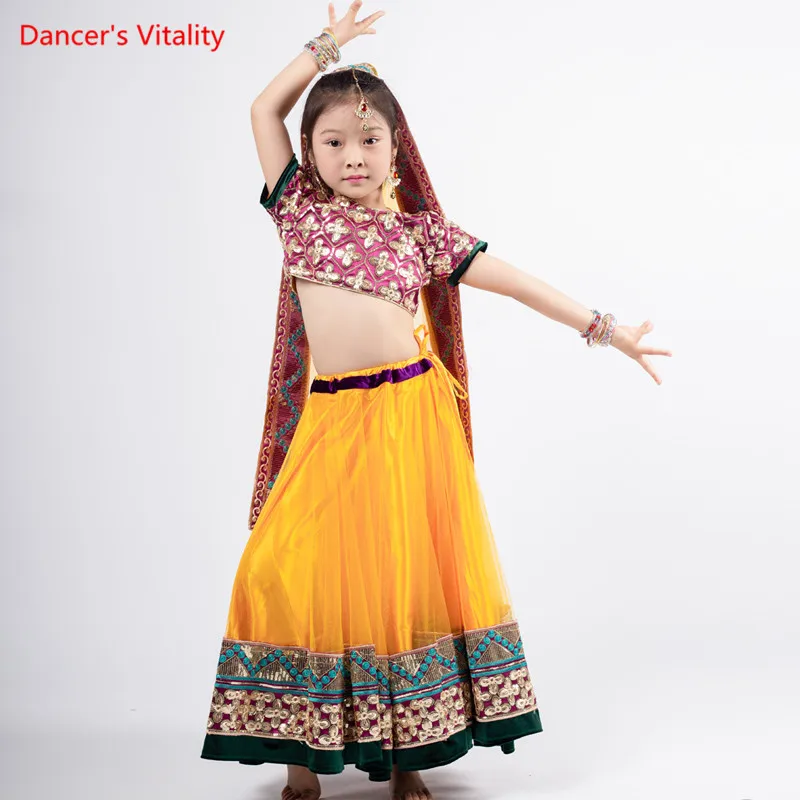 Child India Dance Suit Performance Clothes Girls Belly Tops+Skirt+Veil 3pcs Set For Kid's Stage Competition Costumes | Тематическая
