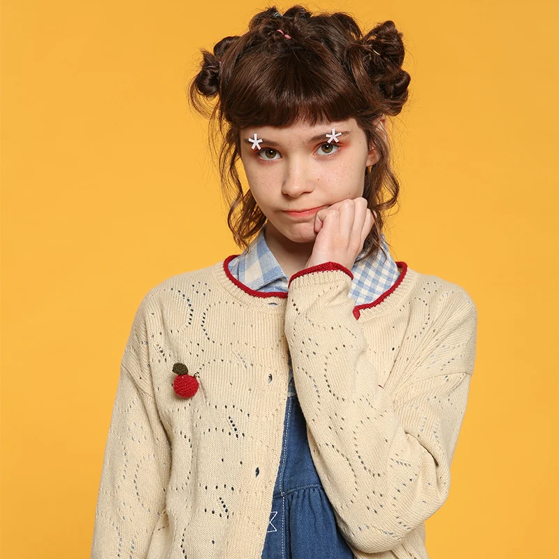 Spring Casual Original Apple Brooch Hollow Flowers Womens Thin Knit Coat Vintage Female Knitted Cardigans Sweet Knitwear New |