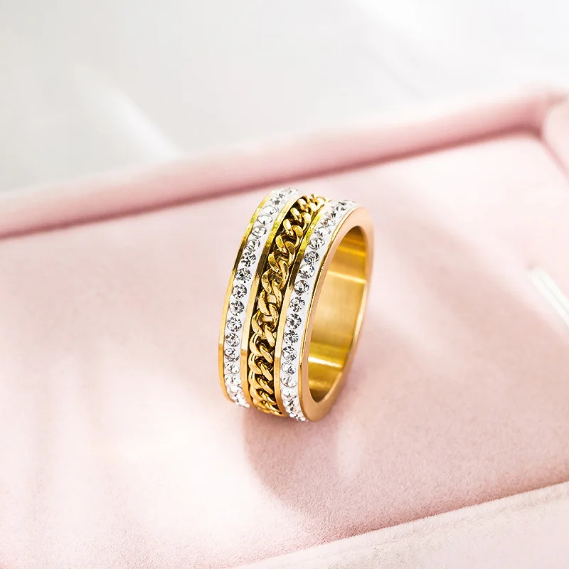Fashion stainless steel double row circumference chain ring Couple Wedding Bands for women engagement jewelry | Украшения и