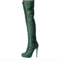 women suede boots 2018 winter women over the knee boot elastic band army green long booties thin high heel 14 cm size 34 43