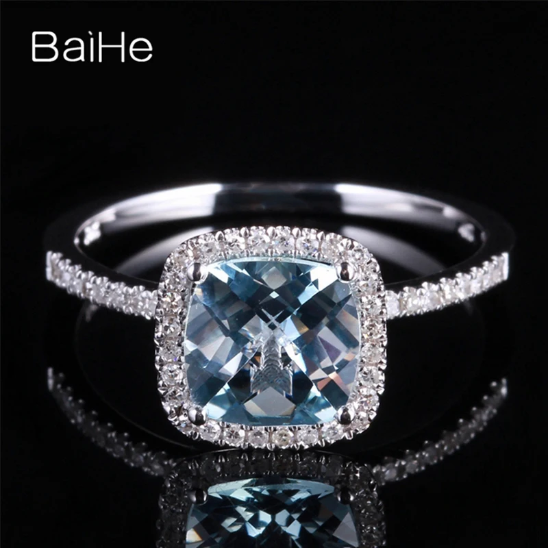 BAIHE Solid 14K белое золото около 1.2ct сертифицированная Подушка CUT Натуральный аквамарин свадебные женские ювелирные изделия уникальный подарок кольцо