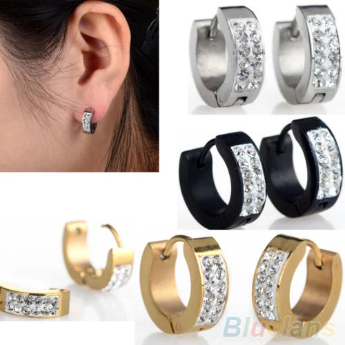 Unisex Punk Rhinestones Inlaid Titanium Steel Ear Studs Hoop Huggie Earrings 4PT5 | Украшения и аксессуары