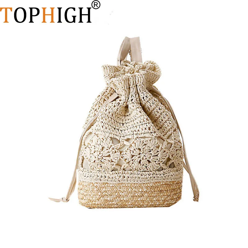 Пляжные рюкзаки TOPHIGH летние соломенные сумки на шнурке с цветочным принтом