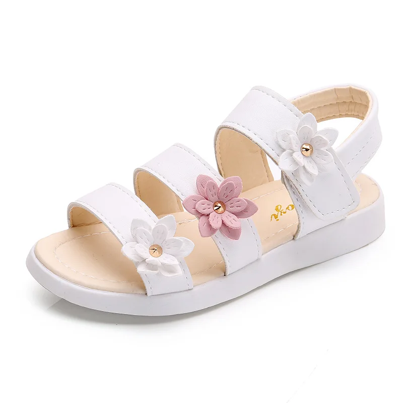 white Красивые Летние сандалии с цветочным узором для девочек детская мягкая пляжная обувь принцессы на плоской подошве для маленьких девочек 3, 4, 5, 6, 7, 8, 9, 10, 11, 12 лет - Цвет: white