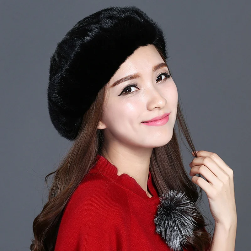 

Russian Women's Real Mink Fur Berets Hats Female Winter Warm Caps Fashion Headgear VK3075