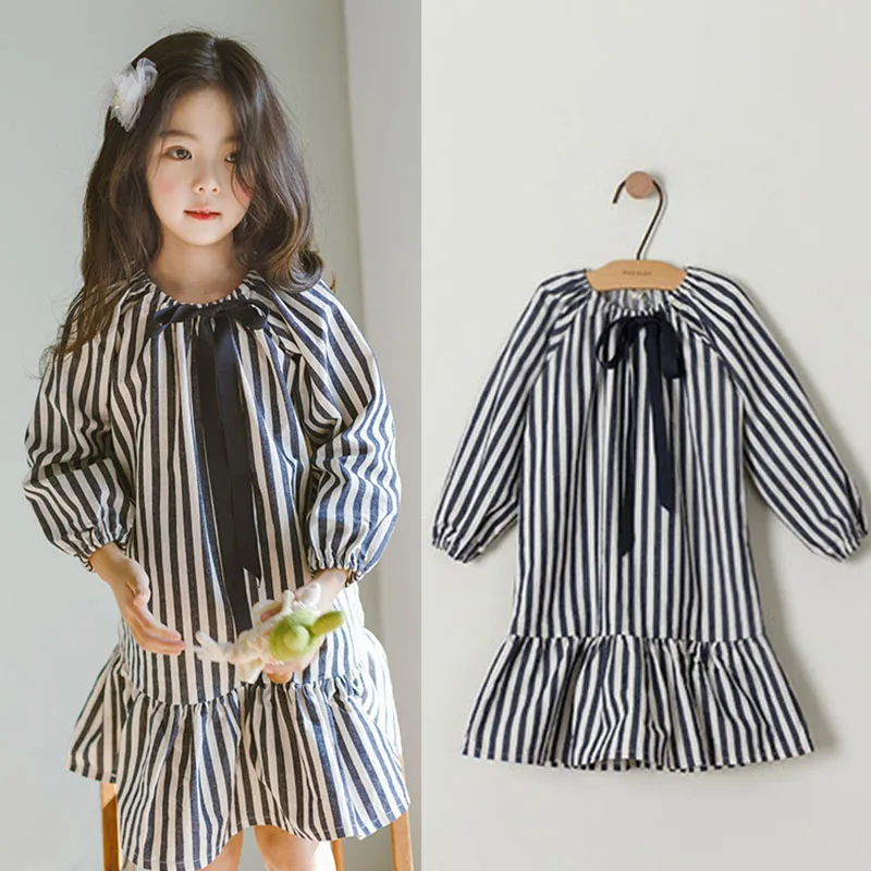 Ruffles Baby Toddler Girls Dress Spring 2019 New Black White Stripe Dresses for Little Cotton Kids Long Sleeve | Детская одежда и