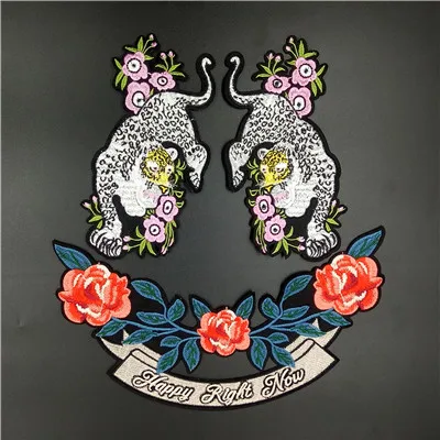 white tiger n flower Качественная большая вышитая нашивка с клеем, тигром, цветком, текстом Мода для футболки - Цвет: white tiger n flower