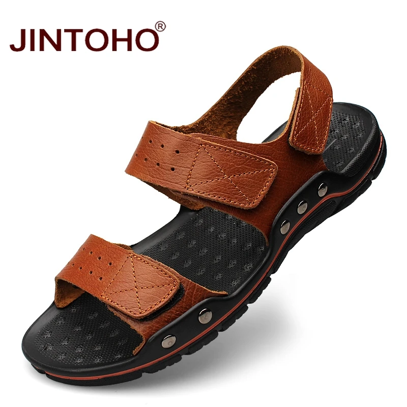 JINTOHO мужские кожаные сандалии больших размеров Модные дышащие летняя мужская
