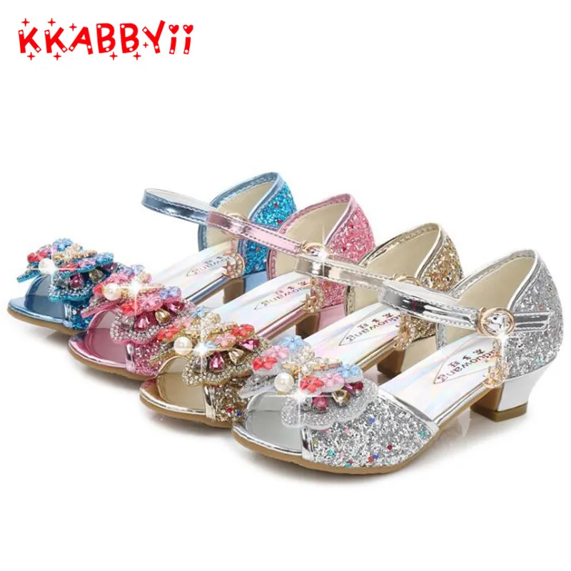 Princess Girls Shoes Sandals Rhinestone Butterfly Children Bowtie Hight Heels Slip on Party Dance | Детская одежда и обувь