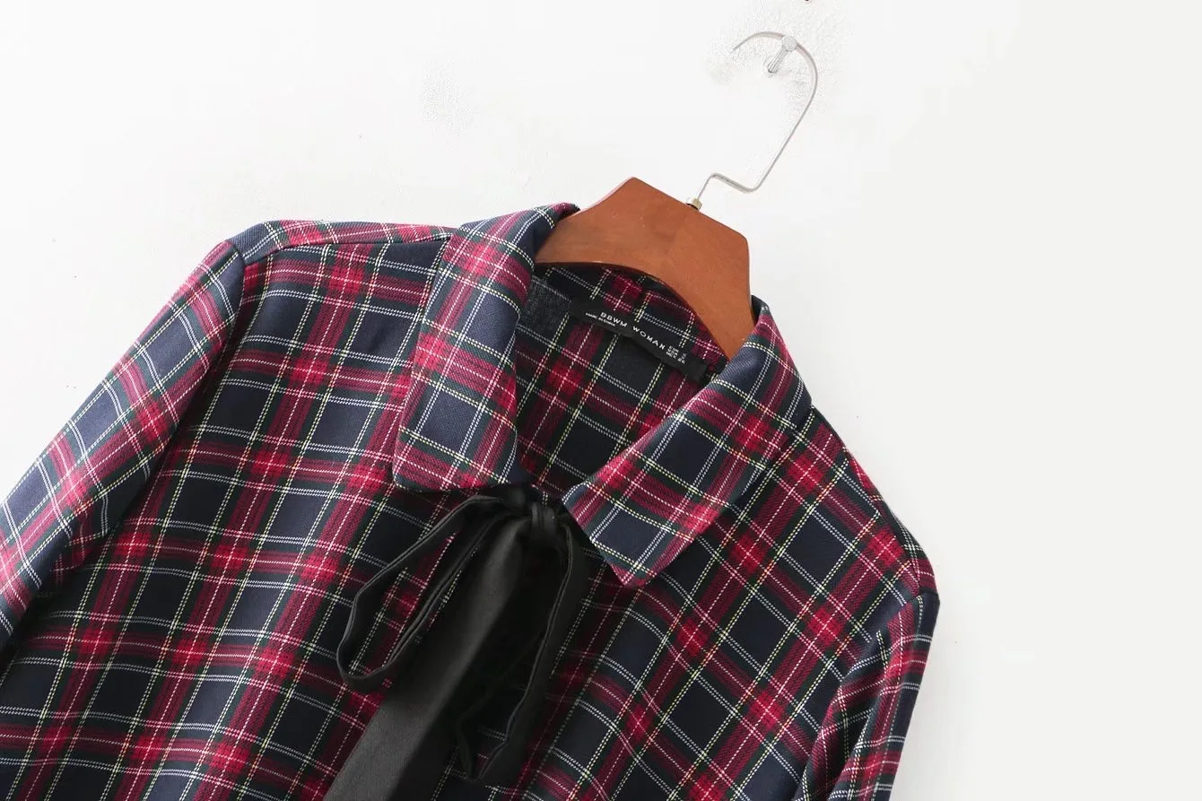 Женское винтажное мини-платье VOGUEIN клетчатое с длинным рукавом и бантом оптовая