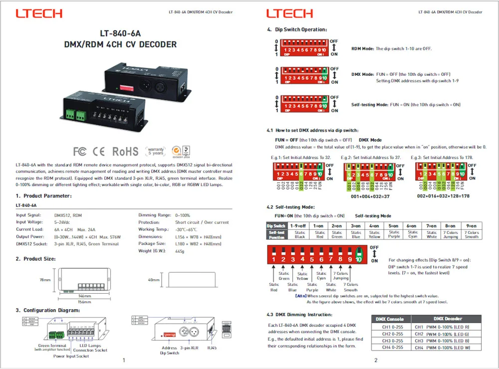 LTECH LT-840-6A 4CH CV DMX-PWM Decoder Input Voltage 5-24Vdc | Лампы и освещение