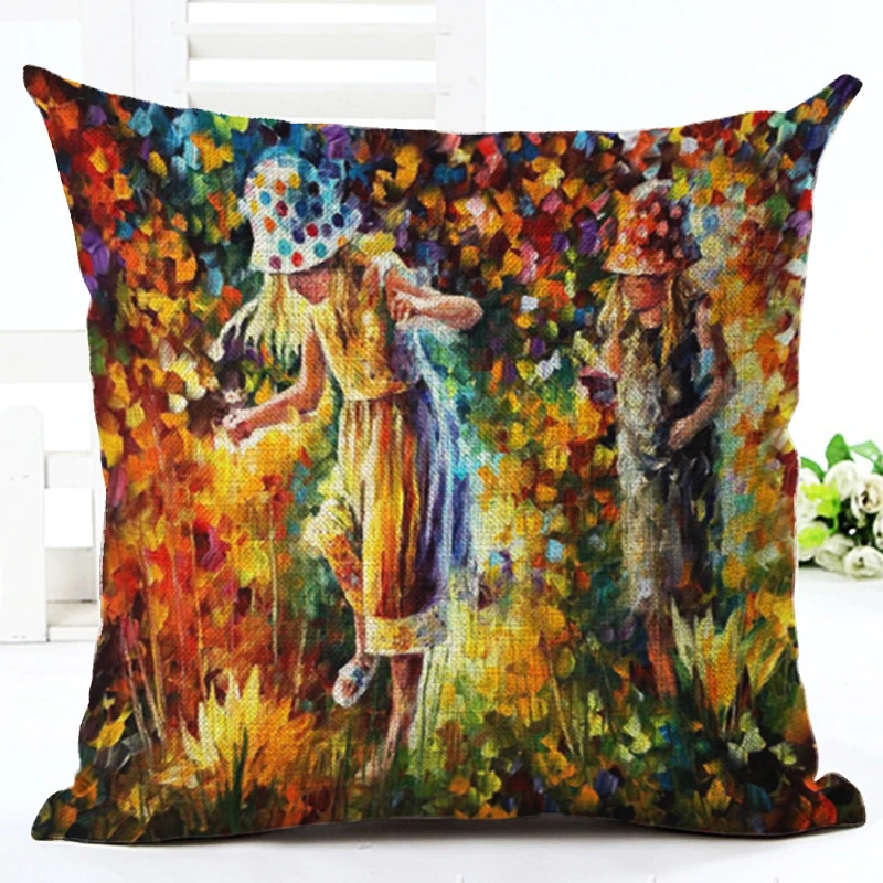Fashion Oil Painting Style Cartoon Printed Cushion Linen Square Home Decor Seat Car Throw Pillow Almofadas Cojines |