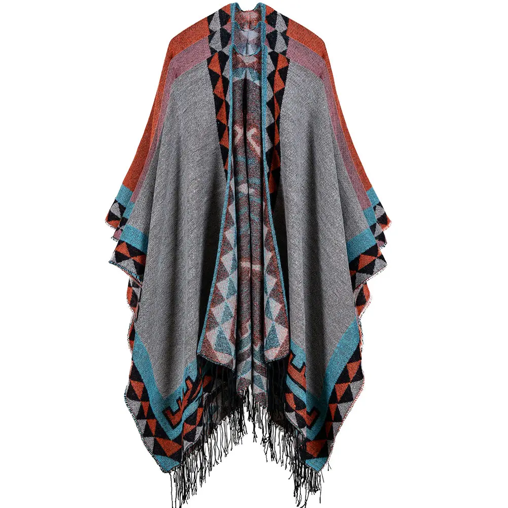 Anself Boho Для женщин вязаный кардиган пончо зима геометрический узор кисточкой длинный кардиган негабаритных свитер теплая накидка
